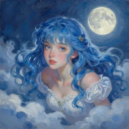 painting by krenz cushart, portrait of a charming luna princess with blue hair, floating in the cloud under the moonlight, finely detailed features, intricate brush strokes, beautiful lighting, trending on pixiv fanbox.