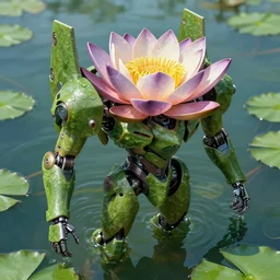 mecha waterlily head on a amphibious waterlily mobile suit combat mecha, humanoid stepping out of water textured like water lettuce whose head and top half is shaped like nymphaea flower, cinematic lighting, petals being robotic limbs, waterlily pads, sculpted metal, biomechanical, hyperdetailed, bandai box art, 8 k hd resolution, behance hd artstation. # power armor # pistia # waterlily # nymphaea