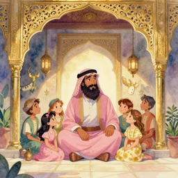 bedouin father with a goat beard and pink clothes sitting with his family sitting in an arabic styled house, highly detailed, gold filigree, romantic storybook fantasy, soft cinematic lighting, award, disney concept art watercolor illustration by mandy jurgens and alphonse mucha and alena aenami, pastel color palette, featured on artstation