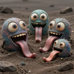 of a dark sandy desert with strange cute friendly happy creatures with huge eyes, mouth, long tongues and round teeth forming from the ground, in the style of gehry and giger, macro lens, shallow depth of field, highly detailed, digital painting, trending artstation, concept art, illustration, cinematic lighting, vibrant colors, photorealism, epic, octane render