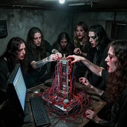 a photograph photo security camera footage of insane cultists in a basement feeding a computer shrine to the machine wire god with their blood and tears