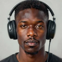 black man at 20s with short hair, thin mustache, thin face, wearing headphones, with his eyes glowing, futuristic, photorealistic portrait painting