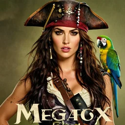 megan fox as a sexy tattooed pirate with a parrot, movie poster, the pirate text, amazing detail, 8k resolution