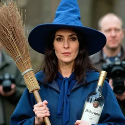 portrait of of a a lady with dark hair in a blue robe and blue wizard hat, holding a broom and a vodka bottle, photograph, natural light, sharp, detailed face, magazine, press, photo, steve mccurry, david lazar, canon, nikon, focus