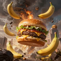 giant cheeseburgers falling into and exploding buildings, dim volumetric lighting, 8 k octane beautifully detailed render, post - processing, extremely hyper - detailed, intricate, epic composition, giant bananas natural disaster, cinematic lighting, masterpiece, trending on artstation, detailed detailed detailed, masterpiece, stunning art by anders zorn, wonderful masterpiece by greg rutkowski, beautiful cinematic light, american romanticism by greg manchess, jessica rossier