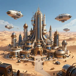 An advanced high tech Sci fi bustling steampunk city with flying air ships built in a sand desert, bright sunny day blue sky, digital painting, artstation, matte painting, highly detailed, intricate, concept art, game art, octane render, 8k, unreal engine