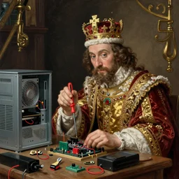 king henry viii building a computer pc from scratch with a screwdriver and electronics, funny anachronism, wearing a crown and royal robes, 17th century detailed oil painting