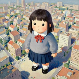 a cute giantess wearing school uniform standing in the city which seem small, bird's eye view, gouache, 8 k wallpaper, strong brush stroke, very high detailed, sharp focus, illustration, morandi color scheme, art station, by krenz cushart