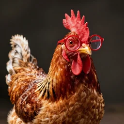 a portrait of a very handsome!!! chicken with small red fashionable!!!! Care eye glasses!!! Staring at the camera!!!
