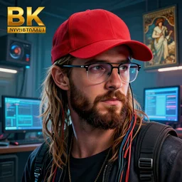 hyperrealist cyberpunk portrait of a young ducktail - bearded middle eastern chris hemsworth wearing wayfarer glasses and red baseball cap, it is decorated with long computer wires and computer monitors in the cyberpunk office background. by jeremy mann and alphonse mucha, fantasy art, photo realistic, dynamic lighting, artstation, poster, volumetric lighting, very detailed faces, 4 k, award winning