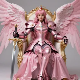 gorgeous!! hyper - realistic princess wearing ornate pink knight armor, angel wings, angemon l sitting at the thrown, holding a long sword | divine, elegant | illustration, intricate, high detail, ultra graphics, daz | drawn by wlop, drawn by jeehyung lee, drawn by artgerm