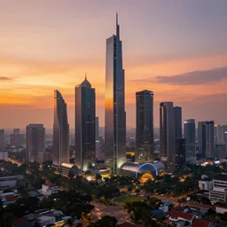 jakarta as a futuristic city, landscape, aesthetic, sunset, trending on artstation