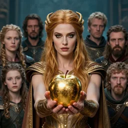 fi still of gal godot as eris discordia goddess of chaos holding reflective gold!!! metal apple in new asgardian movie, by carl spitzweg, ismail inceoglu, vdragan bibin, hans thoma, greg rutkowski, alexandros pyromallis, perfect face, sharply focused, sharply detailed, centered, rule of thirds, realistic shading