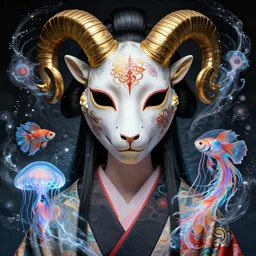 3 d goddess close - up frontal portrait with ram golden skull. beautiful intricately detailed japanese fractal kitsune mask and clasical japanese kimono. betta fish, jellyfish phoenix, bio luminescent, plasma, ice, water, wind, creature, mandelbulb, fractal, artwork by tooth wu and wlop and beeple and greg rutkowski