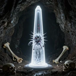white neon obelisk, super reflective alien spaceship with red leds, spiky lopsided ferrofluid creature in the center of the decrepit ultra dark underground cave by ross tran and ivan aivazovsky. skulls, big bones, eerie, somber tone. by beeple beksinski. surreal architecture architecture architecture, bizzare landscape, precisionism precisionism precisionism