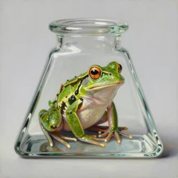 oil painting, frog!!!!! in the triangle glass ink!!!! jar!!!!, by carl moll, by van schriek, masterpiece, museum, gallery, hd, highly detailed, realistic, artstation, digital art, clear colours,