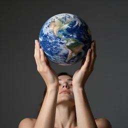 a woman holds the planet mercury above her head, the planet is very small, beautiful, photo