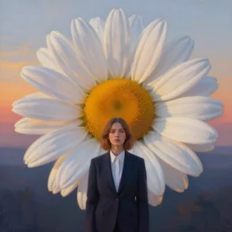 giant daisy flowers head, frontal, girl in a suit, surreal photography, sunrise, dramatic light, impressionist painting, digital painting, artstation, simon stalenhag