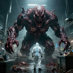 a huge horrific flesh beast grows out of control in a grungy science lab, horror movie scene, a single man in a hazmat suit