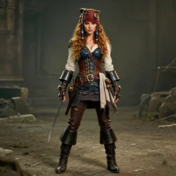 full body  photograph of kat dennings as a  steampunk pirate.  Extremely detailed. 8k