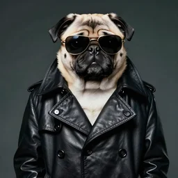 portrait of a pug as neo from the matrix ( 2 0 0 3 ), the matrix, neo, pug wearing sunglasses and leather trenchcoat, photo