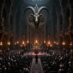 satanic mega-church temple auditorium, style of Steve McCurry, crowd of thousands of worshipers, lavish rococo baroque setting, pentagram, enormous baphomet goathead statue, devil symbology, black flame, Temple of Set, black arts, genius-interior-design, eerie lighting, unholy ceremony, sacrilegious rite, infernal, demonic, hellish, National Geographic photo, professional photograph, volumetric lighting. Highly-detailed, photographic, cinematic, dramatic, establishing shot
