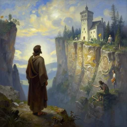 bartimaeus looking over a cliffside painted by berinski, paul lehr, eyvind earle, fantasy artwork, artstation