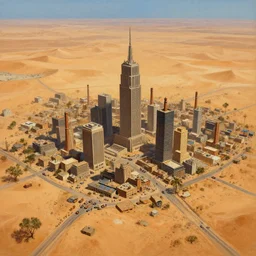highly detailed painting view from bird's eye lively small but tall town with skyscrapers and chimneys in the middle of nowhere/wasteland [endless empty desert]:10 in Mad Max style trending on Artstation, 4K, high quality