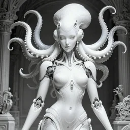 portrait of an absurdly beautiful, graceful, sophisticated, fashionable cyberpunk mechanoid, hyperdetailed illustration by irakli nadar and alexandre ferra, intricate linework, white porcelain skin, faberge, octopus headdress, unreal engine 5 highly rendered, global illumination, radiant light, detailed and intricate environment