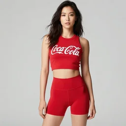 suzu Hirose wearing crop red Coca Cola gym top with white Lettering, cropped red yoga short, advertising photograph by Mario Testino, masterwork