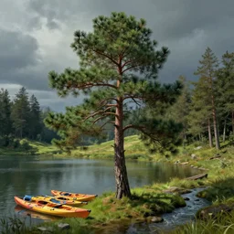 beautiful pine tree landscape, a lake with detailed kayaks and a stream, trees in the grassy hills, dramatic lighting, cinematic, establishing shot, extremly high detail, by monet, cinematic lighting, post processed, concept art, artstation, matte painting