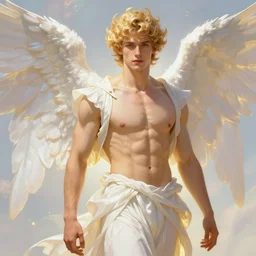 portrait of a beautiful young fit male angel with curly blond hairs, dressed with fluent clothes, luminous scene, by Greg Rutkowski and alphonse mucha, d&d character, gradient white to gold, in front of an iridescent background, highly detailed portrait, digital painting, artstation, concept art, smooth, sharp focus ilustration, Artstation HQ