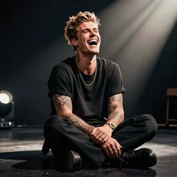 justin bieber laughing so hard that he's on the ground with a huge mouth crying