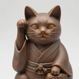 elegant thin anthropomorphic cat figurine wearing a kimono, hand carved brown resin, kimono robe detailed toggles, very highly detailed, petite, exquisite details, intricate, monotone, shy looking away waving one paw head turned slightly, deep focus, maneki - neko