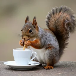 mad squirrel drinking coffee