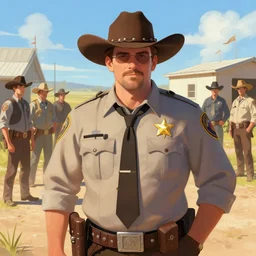 Sheriff's office at wild west portrait of sheriff man standing outside, sunny day, digital art by Nerdrum John, William Waterhouse, Winslow Homer, Alex Heywood, Jordan Grimmer, Darren Quach, Greg Rutkowski, Simon Stalenhag, trending on Artstation, CGSociety