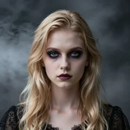 modeling photograph blind mag from genetic opera, blonde, beautiful, dark, mysterious, bubble goth, detailed symmetrical face, half body shot, fog dramatic, teen