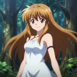 isekai cute grinning anime girl hestia danmachi, kamisama standing in forest. beautiful face, catchlight, surreal. beautiful lineart, ranking on contest, artstation, soft lighting, artistic pose, character concept, cinematic, motion blur, chromatic abberation. anime tv screenshot. by lendecker