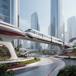 futuristic city center park with maglev train in background, modern landscape architectural design for industrialpunk concrete and glass, maroon metallic accents, gorgeous lighting, golden hour, cyberpunk, 2077, dramatic lighting and composition, photography, 8k, origin 100i, star citizen concept art, single line, golden ratio, minimalistic composition