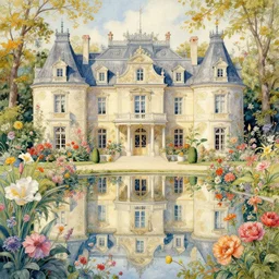 a beautifull intricate watercolour painting of a mansion with many flowers, reflexions, verry high details by william turner art, greg rutkowski and alphonse mucha, trending on artstation, very very detailed, masterpiece, - h 7 0 4