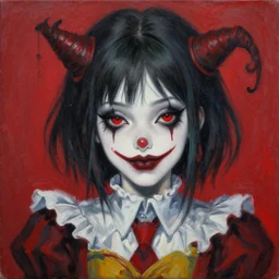 beautiful! beautiful! aesthetically pleasing! portrait of an anime goth clowngirl with red eyes, painted by ilya kuvshinov!!! and zdzislaw beksinski