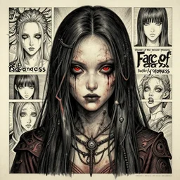 A beautiful detailed aesthetic horror portrait painting titled 'Face of sadness' description 'Order of the occult princess' portrait, character design, worn, dark, manga style, extremely high detail, photo realistic, pen and ink, intricate line drawing, that looks like it is from Borderlands and by Feng Zhu and Loish and Laurie Greasley, Victo Ngai, Andreas Rocha, John Harris ,
