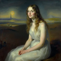 a experimental art beauty & mystery of the woman sitting before us. enigmatic smile and gaze invite us into her world, and we cannot help but be drawn in. soft features & delicate way she is dressed make her almost ethereal. landscape distance and mystery. what secrets this woman holds. by richard scarry, by salvador dali funereal