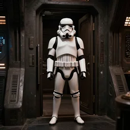 A stormtrooper guarding the door of a cantina in Mos Eisley, octane, hd, 8k, rich deep moody colors, dramatic lighting