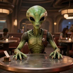 still an alien in a table, looking at camera, in the star wars cantina scene
