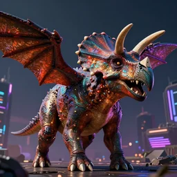 triceratops with wings, in the style of Zoran Janjetov and Julie Bell and Donato Giancola,trending on artstation, lanky lighting low angle view,mandelbulb 3d,Sabattier filter ,afrofuturism ,futuresynth ,Blade Runner 2049 ,
