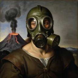 potrait painting of a gas masked human in volcano, renaissance painting, oil painting, old master
