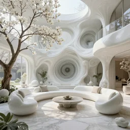 highly detailed villa garden natural beautiful light interior soft cinematic composition of a smooth ceramic porcelain biophilic stone nebula fluid white magnolias surreal architecture cyberpunk landscape, furniture, granite, trees, marble, vincent callebaut composition, 8 k, unreal engine, hdr