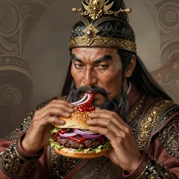 portrait of a gengis khan eating a hamburger, extra onions and ketchup, luscious patty with sesame seeds, masculine, handsome, D&D, fantasy, intricate, elegant, highly detailed, digital painting, artstation, concept art, matte, sharp focus, illustration, art by Artgerm and Greg Rutkowski and Alphonse Mucha