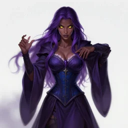 Female necromancer, beautiful, entincing, dark purple robes, blue corset, long skirt, dark skin, glowing yellow eyes, violet long hair, high fantasy, heroic character, looking from shoulder, normal fingers, pretty detailed face!, detailed!, spellcasting pose, by greg rutkowski, WLOP, Genzoman and Gary Gygax, trending on Artstation artstationHD, artstationHQ, cgsociety, 8K HD